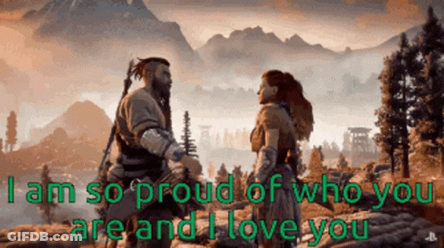 A Man And A Woman Are Standing Next To Each Other With The Words I Am So Proud Of Who You Are GIF