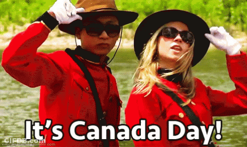 A Man And A Woman Are Standing Next To Each Other With The Words " It 'S Canada Day " Above Them GIF