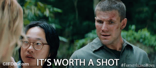 A Man And A Woman Are Standing Next To Each Other With The Words It 'S Worth A Shot Behind Them GIF