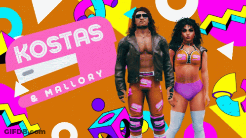 A Man And A Woman Are Standing Next To Each Other With The Words Kostas And Mallory On The Bottom GIF