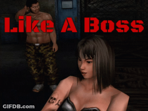 A Man And A Woman Are Standing Next To Each Other With The Words Like A Boss Behind Them GIF