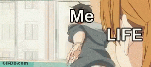 A Man And A Woman Are Standing Next To Each Other With The Words `` Me Life '' Written On The Bottom . GIF