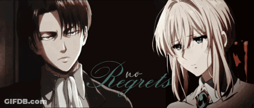 A Man And A Woman Are Standing Next To Each Other With The Words " No Regrets " Written Above Them GIF