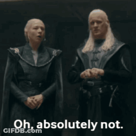 A Man And A Woman Are Standing Next To Each Other With The Words Oh Absolutely Not Written Below Them GIF