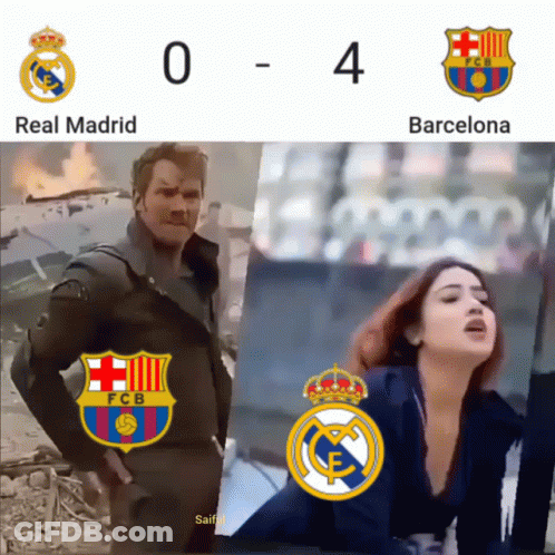 A Man And A Woman Are Standing Next To Each Other With The Words Real Madrid And Barcelona Above Them GIF