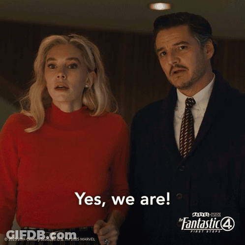 A Man And A Woman Are Standing Next To Each Other With The Words Yes We Are On The Bottom GIF