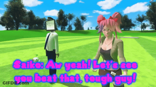 A Man And A Woman Are Standing On A Golf Course And The Woman Is Saying Saiko Aw Yeah GIF