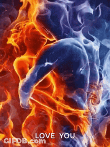 A Man And A Woman Are Surrounded By Flames And The Words `` Love You '' . GIF