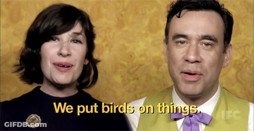 A Man And A Woman Are Talking About Birds And Things GIF