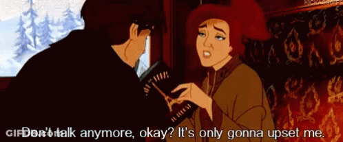 A Man And A Woman Are Talking And The Woman Is Saying " Don T Talk Anymore GIF