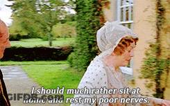A Man And A Woman Are Talking And The Woman Is Saying I Should Much Rather Sit At Home And Rest My Poor Nerves . GIF