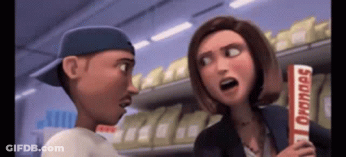 A Man And A Woman Are Talking In A Store While The Woman Is Holding A Bar Of Domino 'S . GIF