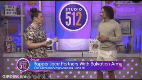 A Man And A Woman Are Talking On A Studio 512 Show GIF