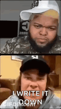 A Man And A Woman Are Talking To Each Other On A Video Call . The Man Is Wearing A Hat . GIF