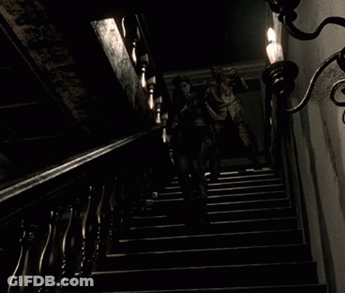A Man And A Woman Are Walking Down A Set Of Stairs Holding Guns GIF