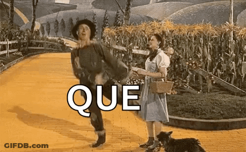 A Man And A Woman Are Walking Down A Yellow Brick Road While A Dog Watches . GIF