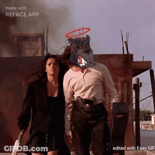A Man And A Woman Are Walking With A Cartoon Of A Gorilla With A Halo On His Head Made With Reface App GIF