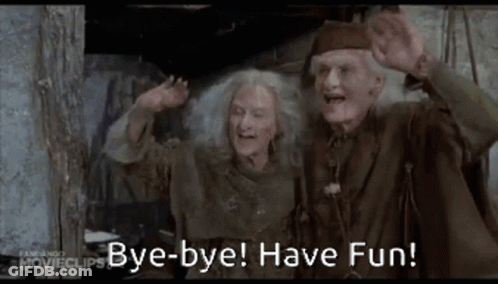A Man And A Woman Are Waving Their Hands And Saying Bye Bye Have Fun . GIF