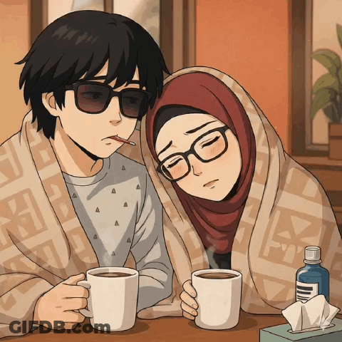 A Man And A Woman Are Wrapped In Blankets And Holding Coffee Cups GIF