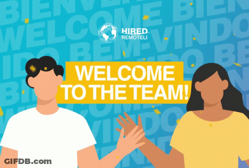 A Man And A Woman Giving Each Other A High Five With The Words Welcome To The Team Below Them GIF