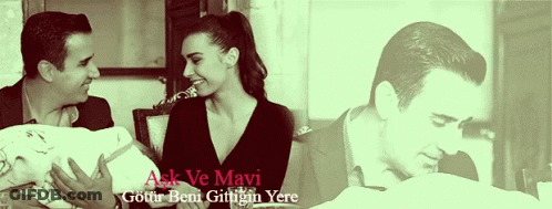 A Man And A Woman Holding A Baby With The Words Ask Ve Mavi Written On The Bottom GIF
