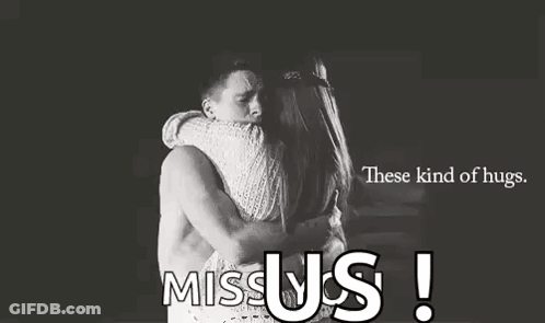 A Man And A Woman Hugging Each Other In A Black And White Photo With The Words `` These Kind Of Hugs . '' GIF