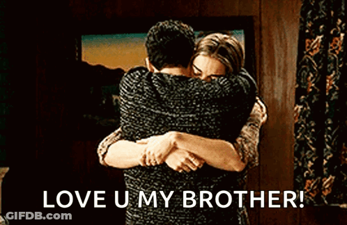 A Man And A Woman Hugging Each Other With The Words `` Love U My Brother '' . GIF