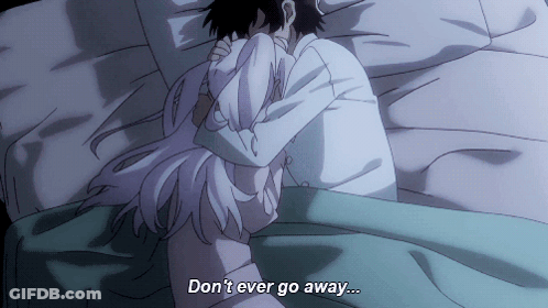 A Man And A Woman Hugging In Bed With The Words " Don 'T Ever Go Away " GIF