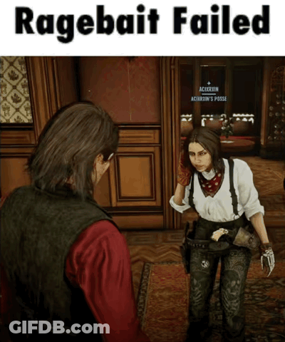 A Man And A Woman In A Room With The Words Ragebait Failed Above Them GIF
