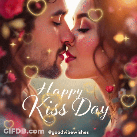 A Man And A Woman Kissing With The Words Happy Kiss Day In The Background GIF