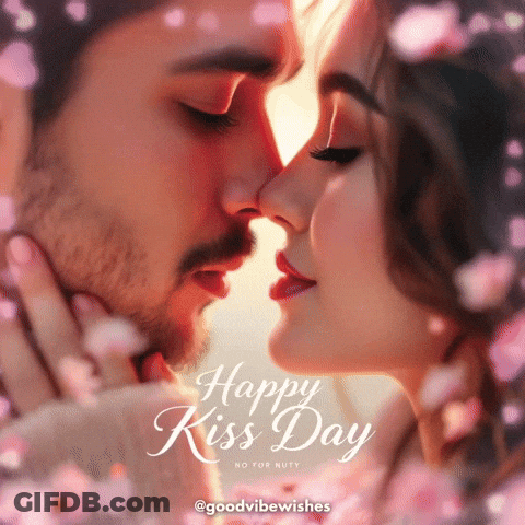 A Man And A Woman Kissing With The Words Happy Kiss Day GIF