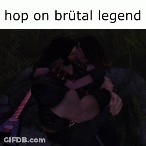A Man And A Woman Kissing With The Words Hop On Brutal Legend Below Them GIF