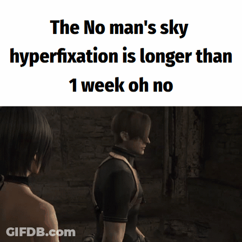 A Man And A Woman Looking At Each Other With The Caption " The No Man 'S Sky Hyperfixation Is Longer Than 1 Week " GIF