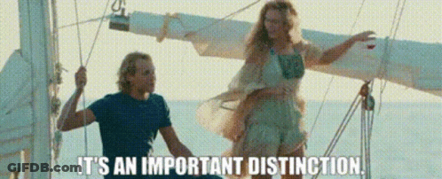 A Man And A Woman On A Sailboat With The Words " It 'S An Important Distinction " Written Below Them GIF