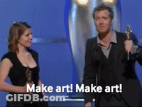 A Man And A Woman On A Stage With The Words Make Art Written On The Bottom GIF