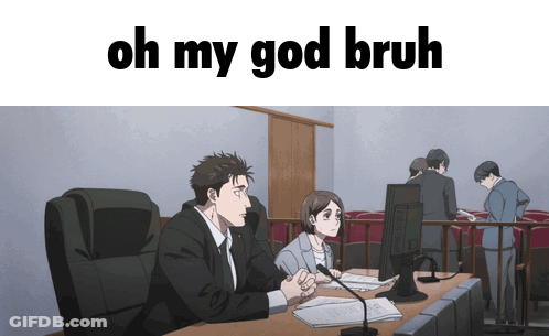 A Man And A Woman Sit At A Desk With The Words Oh My God Bruh GIF