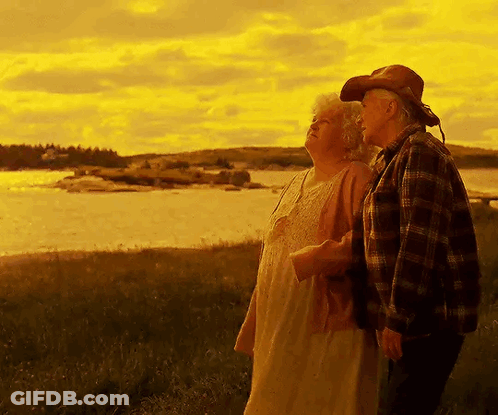 A Man And A Woman Standing In A Field Looking At A Body Of Water GIF