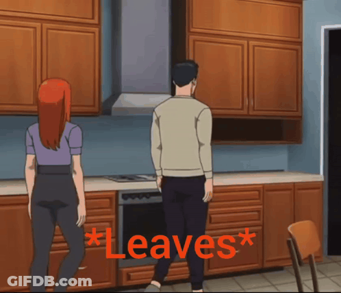 A Man And A Woman Standing In A Kitchen With The Words * Leaves * On The Bottom GIF