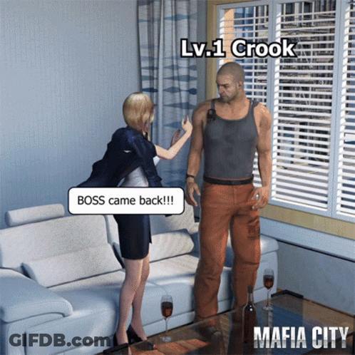 A Man And A Woman Standing In A Living Room With Mafia City Written On The Bottom GIF