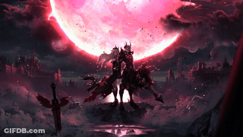 A Man And A Woman Standing In Front Of A Pink Moon GIF