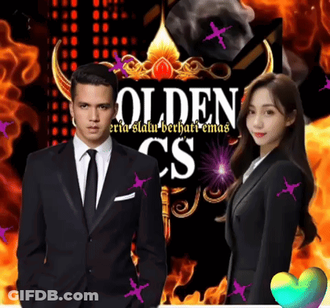 A Man And A Woman Standing In Front Of A Sign That Says Golden GIF