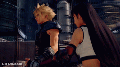 A Man And A Woman Standing Next To Each Other Holding Swords GIF