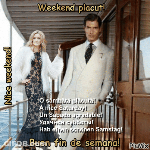 A Man And A Woman Standing Next To Each Other On A Boat With The Words Weekend Placut Above Them GIF