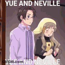 A Man And A Woman Standing Next To Each Other With A Caption That Says Yue And Neville Yue And Neville GIF