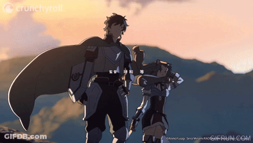 A Man And A Woman Standing Next To Each Other With Crunchyroll Written In The Corner GIF