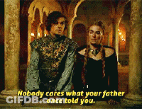 A Man And A Woman Standing Next To Each Other With Nobody Cares What Your Father Once Told You Written On The Bottom GIF