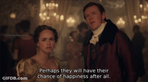 A Man And A Woman Standing Next To Each Other With Perhaps They Will Have Their Chance Of Happiness After All Written Be GIF