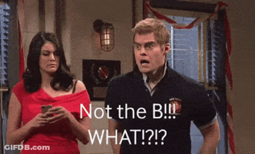 A Man And A Woman Standing Next To Each Other With The Man Saying Not The B GIF