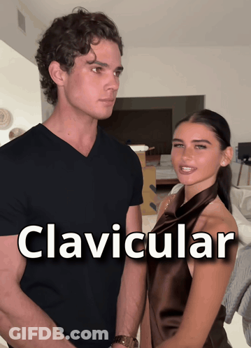 A Man And A Woman Standing Next To Each Other With The Word Clavicular On The Bottom GIF