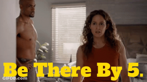 A Man And A Woman Standing Next To Each Other With The Words Be There By 5 Above Them GIF